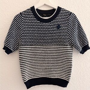 Maje Navy & Ecru Striped Knit Top | Short Sleeve Logo Patch Sweater